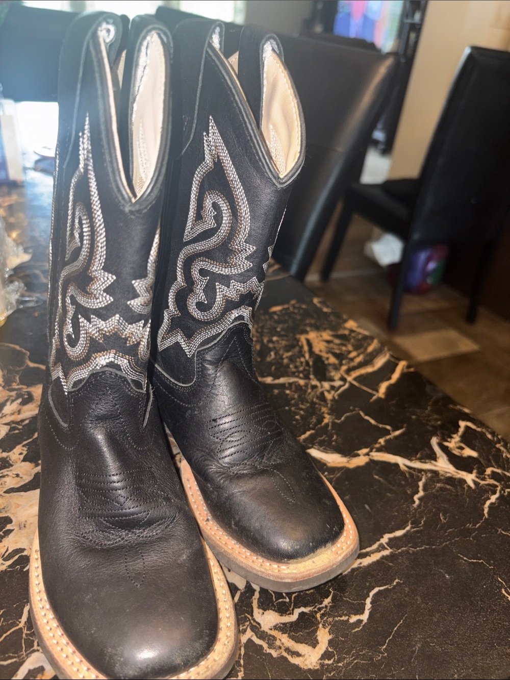 Kids Black Western Cowboy Boots with Embroidered Silver Accents, leather upper